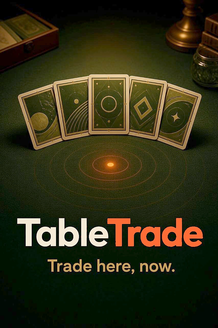 Card backs on a felt table, ping rings around a glowing center. TableTrade.